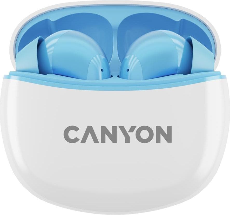 Слушалки Canyon TWS-5, безжични, Bluetooth 5.3, микрофон, до 7.5 часа време на работа, кутия за зареждане, IP33 защита, синьо-бели