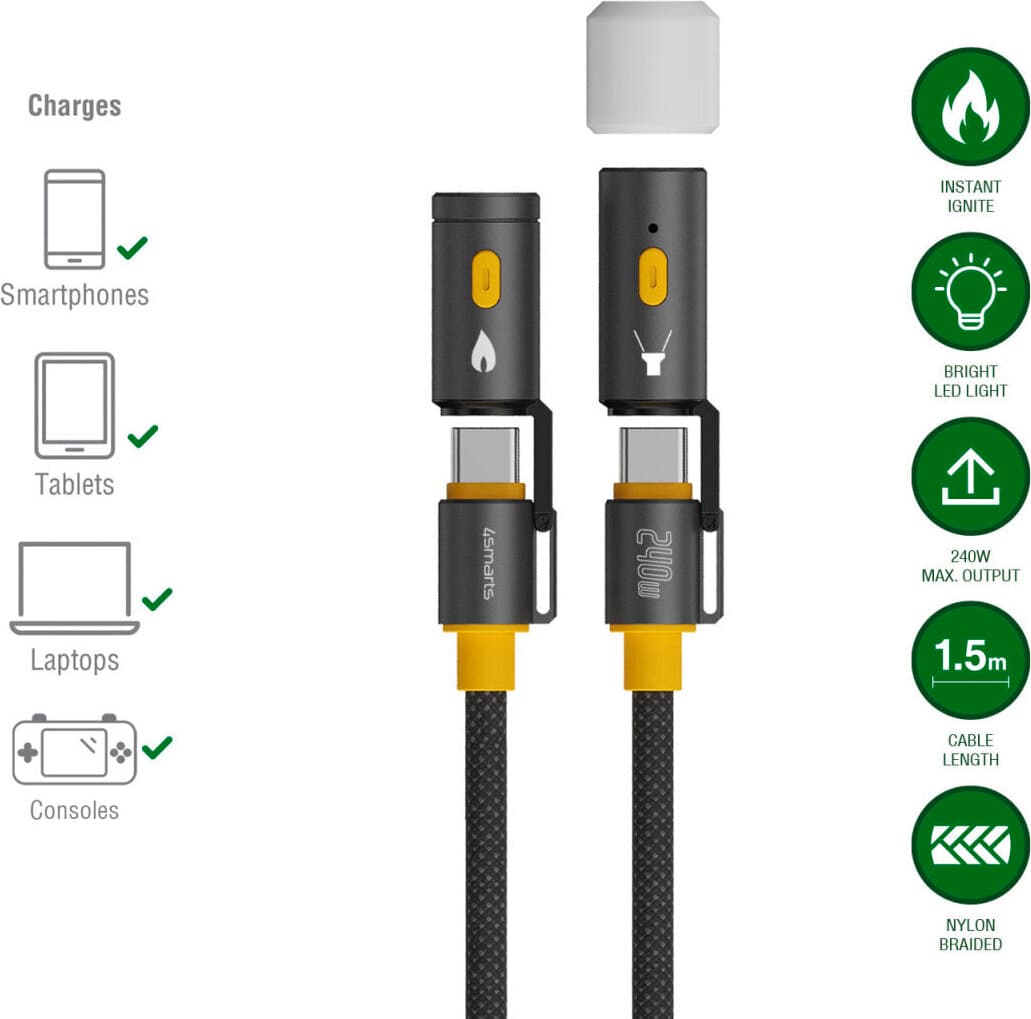 Кабел с бързо зареждане за устройства с USB-C порт, LED светлина и запалка (150 см) (черен) - 4smarts 3-in-1 USB-C Cable Set Explorer 240W
