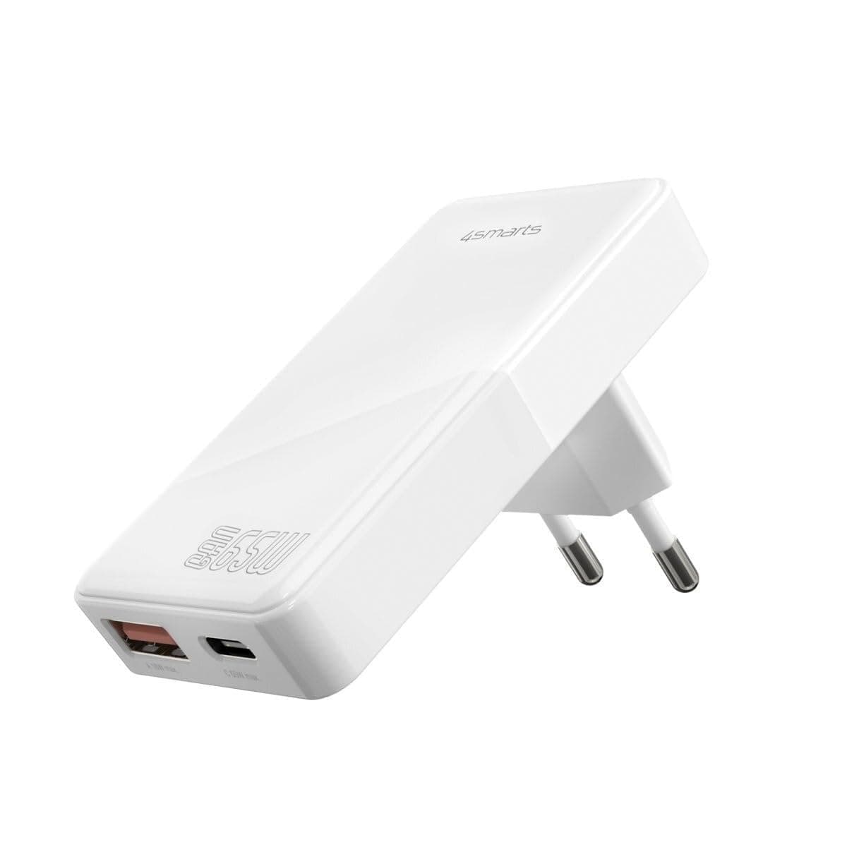 Захранване за ел. мрежа за мобилни устройства с USB-A и USB-C изходи и с технология за бързо зареждане - 4smarts GaN Wall Charger FlatPlug Duos 65W (бял)