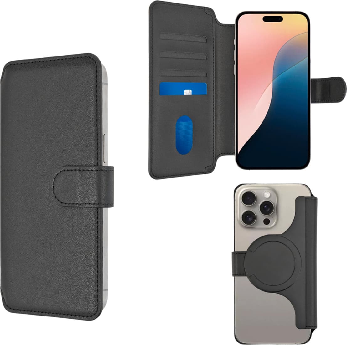 Универсален кожен калъф, тип портфейл с MagSafe за смартфони до 6.7 инча - 4smarts Universal Magnet Wallet CardCaddy XL (черен)