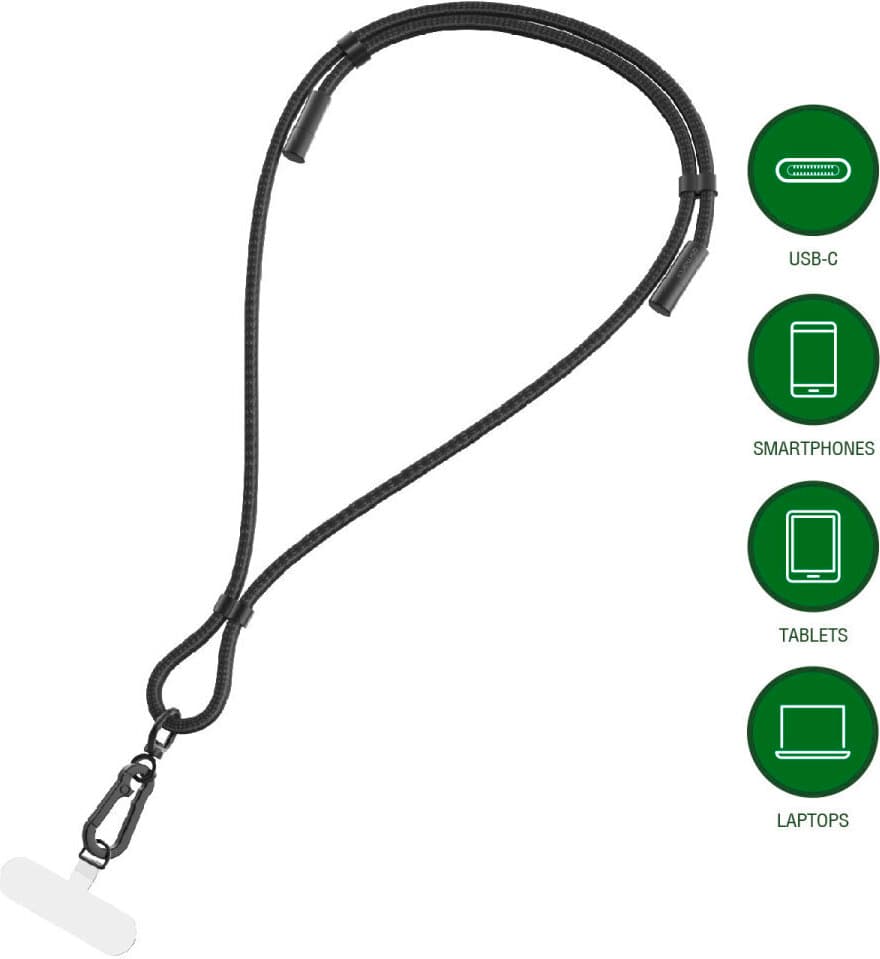 Универсална връзка за носене през врата за смартфони, с вграден USB-C към USB-C кабел (100 см) - 4smarts PhonoLace USB-C Mobile Phone Chain (черен)