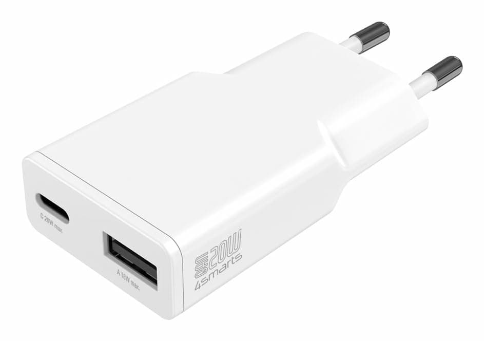 Захранване за ел. мрежа с USB-A и USB-C изходи и технология за бързо зареждане - 4smarts GaN Duos Slim Wall Charger 20W PD (бял)