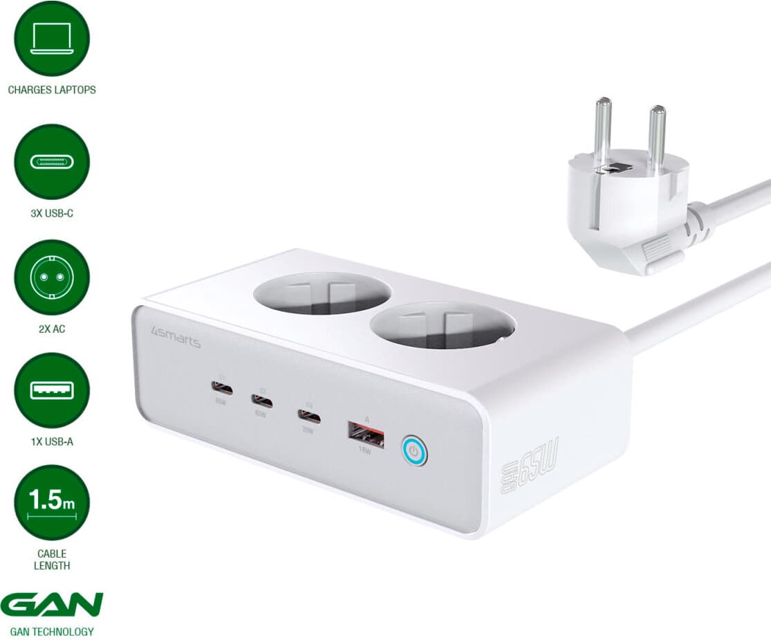 Разклонител с 2xAC контакта и захранване с 3хUSB-C и 1хUSB-A портове за мобилни устройства - 4Smarts Desk Charger GaN 65W with AC Sockets (бял)