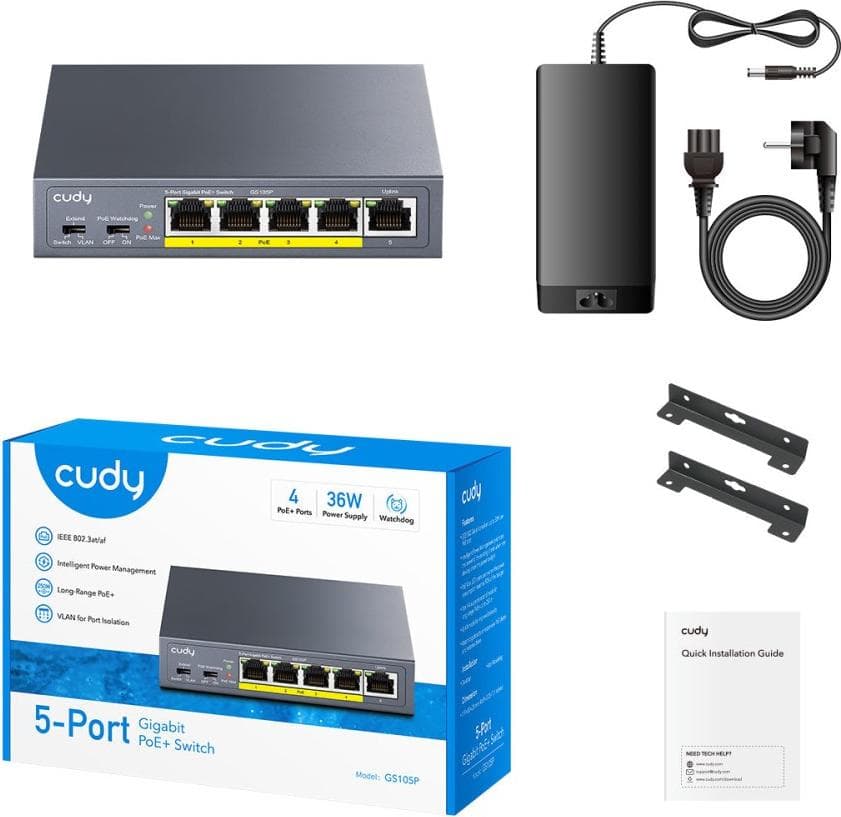 Суич Cudy GS105P, 5x портов POE метален корпус+Switch 36W, неуправляем