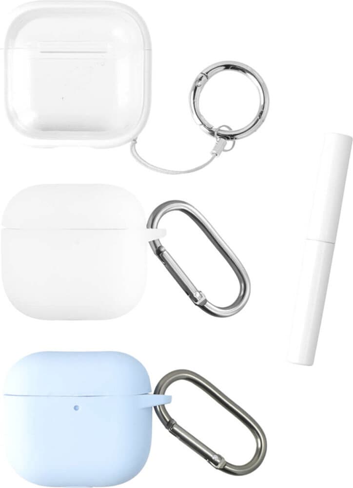 Комплект калъфи с карабинер и ключодържател за Apple AirPods 4, AirPods 3 - 4smarts Omega AirPods 4 Case Set (прозрачен, бял и светлосин)