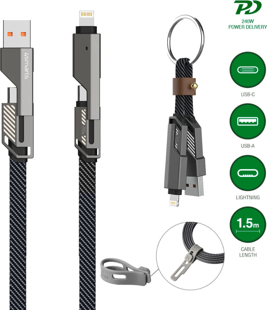 Комплект многофункционален кабел за USB-C, Lightning и USB-A стандарти и кабел тип ключодържател - 4smarts USB-C Flat ComboCord Cable 240W With Keyring Cable Set (тъмносив) (150 см)