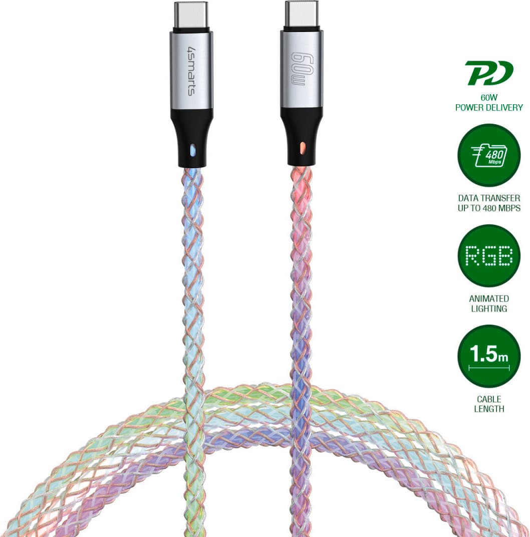 Здрав кабел с бързо зареждане и подсветка за устройства с USB-C порт - 4smarts RGBCord USB-C to USB-C Cable 60W (бял) (150 см)
