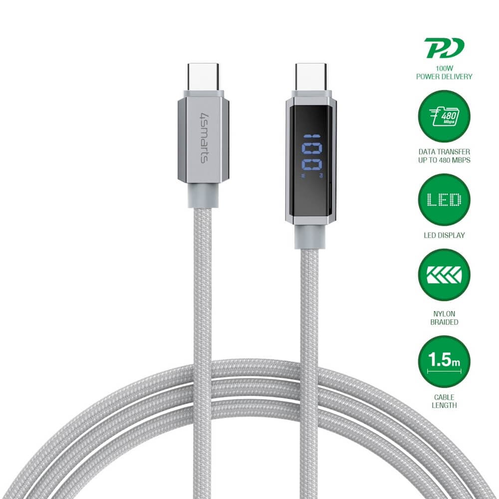 Здрав кабел с въжена оплетка за бързо зареждане, за устройства с USB-C порт - 4smarts DigitCord USB-C to USB-C 100W Cable (сив) (150 см)