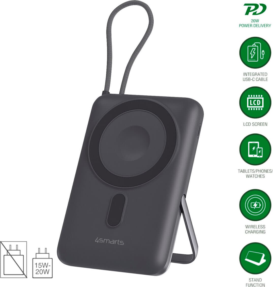 Външна батерия с вграден USB-C кабел, USB-C порт и Qi2 безжично зареждане - 4smarts Power Bank Enterprise Pocket 10000 mAh 22.5W Qi2 (тъмносив)