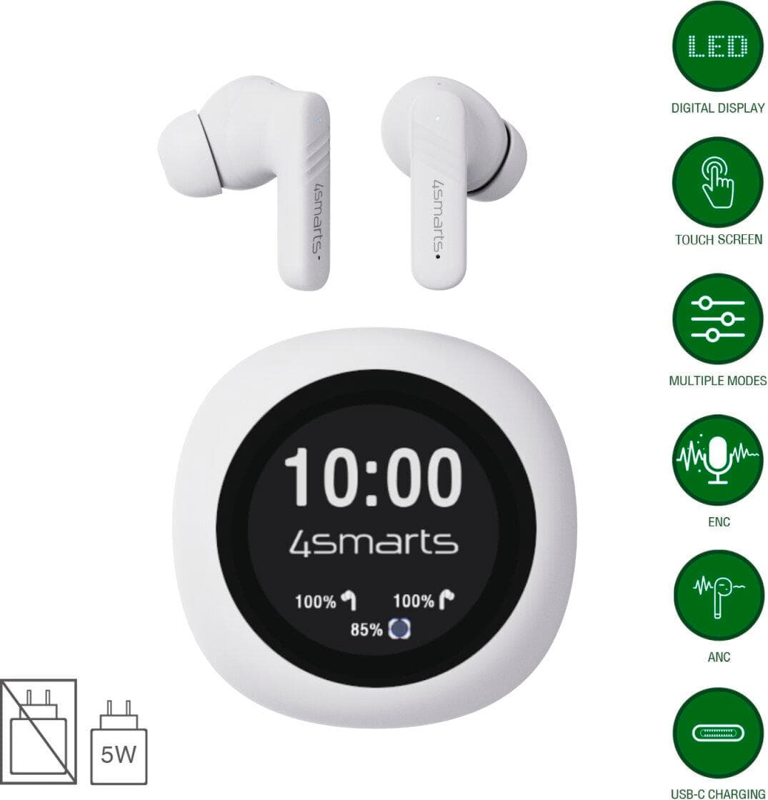 Безжични блутут слушалки със зареждащ кейс - 4smarts SkyBuds Screen Pro ANC TWS In-Ear Bluetooth Earphones (бял)