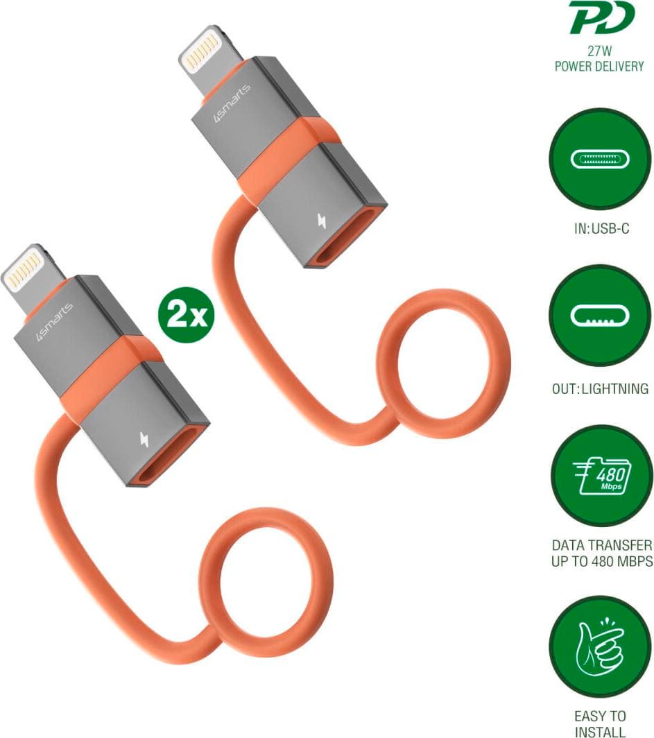 Комплект от 2 броя адаптери Lightning мъжко към USB-C женско за Apple устройства с Lightning порт - 4smarts Adapter USB-C to Lightning PD 27W Set (черен)