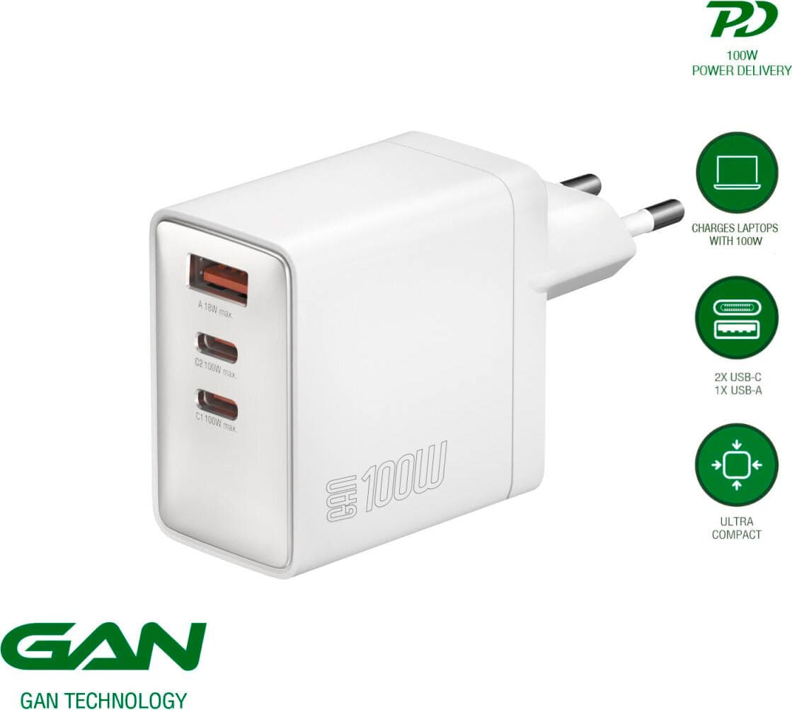 Захранване за ел. мрежа с USB-A и 2xUSB-C изходи с технология за бързо зареждане - 4smarts GaN Wall Charger Pocket 100W (бял)