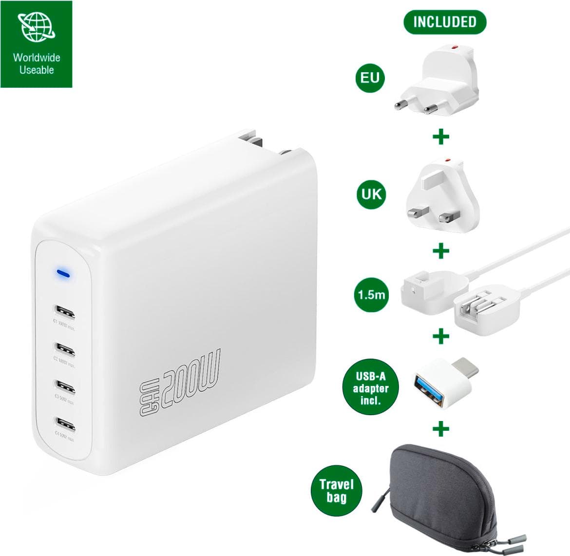 Захранване за ел. мрежа за лаптопи, смартфони и таблети с 4xUSB-C изходи с технология за бързо зареждане - 4Smarts GaN Charger Flex Pro 200W Travel Edition (бял)