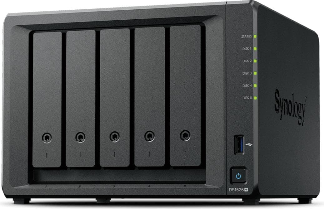 Мрежов сторидж Synology NAS DS1525+, за 5 диска, AMD Ryzen V1500B, 8GB DDR4 SODIMM