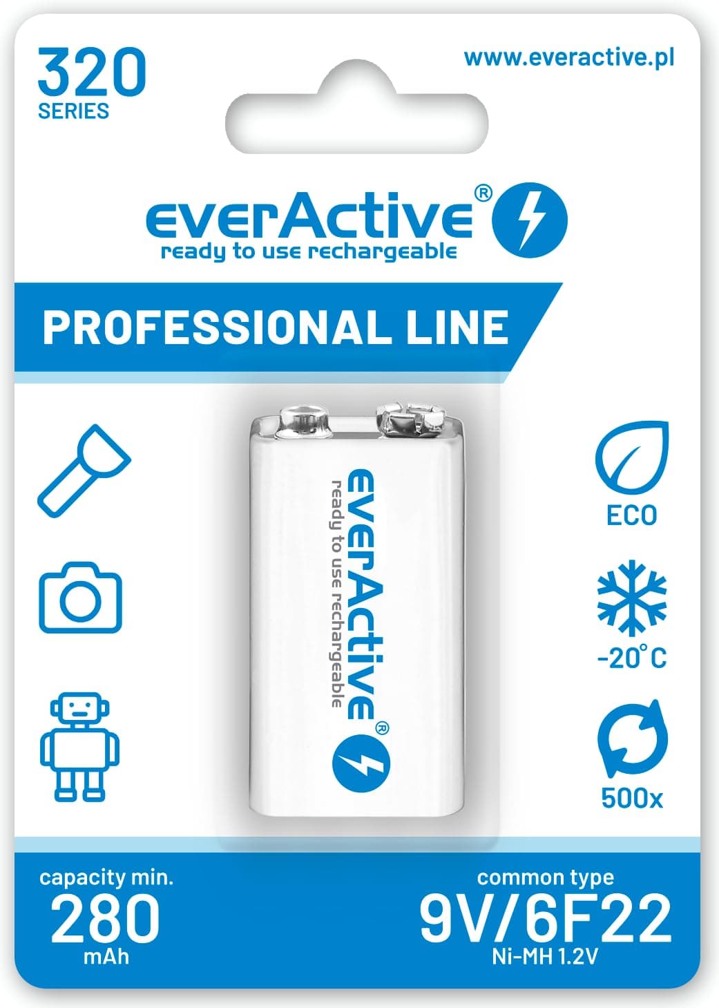Акумулаторна Батерия R22 9V NiMH 280mAh/320 precharged 1бр. в опаковка EVERACTIVE