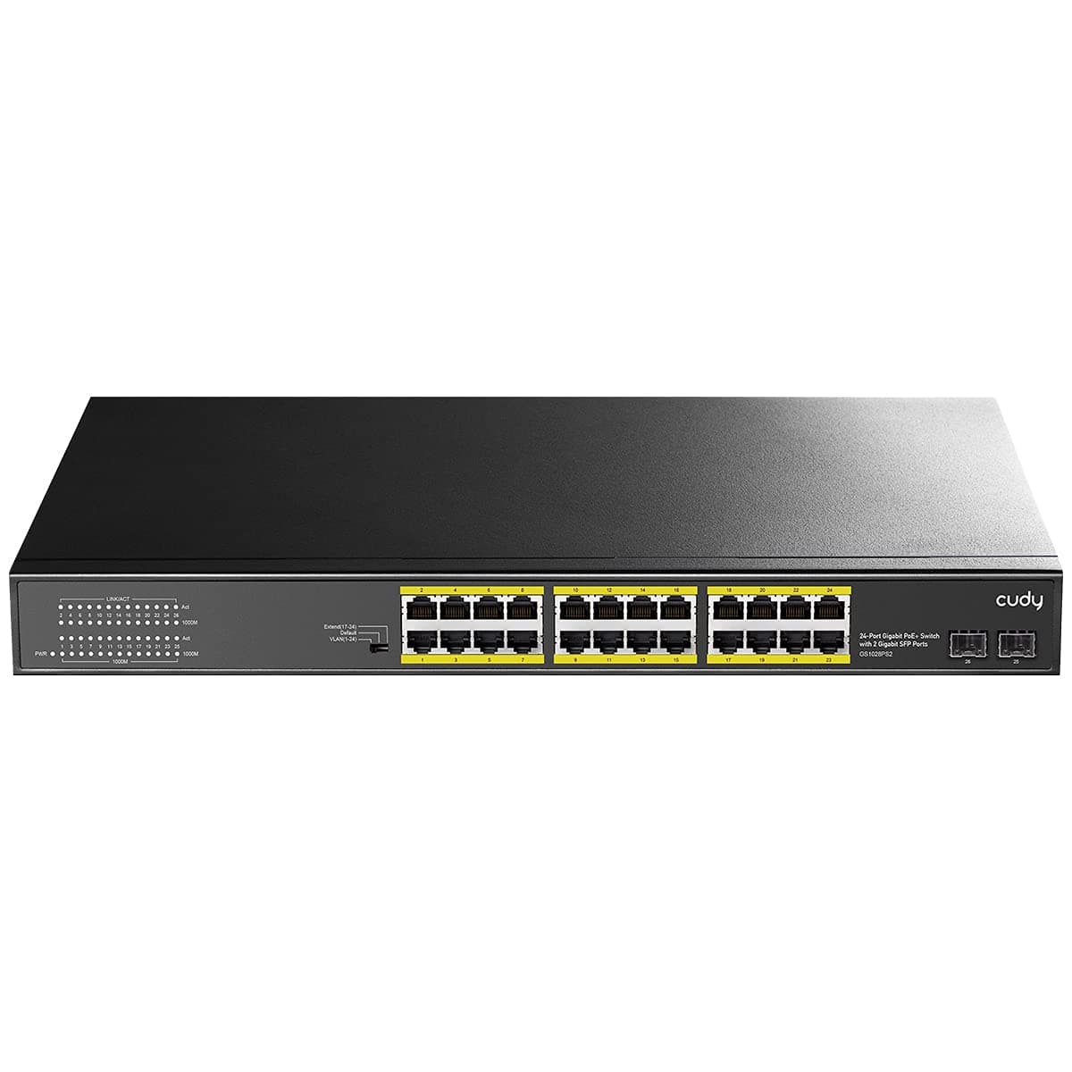 Суич Cudy GS1028PS2, 24 портов, 10/100/1000, 24× GbE with 802.3at/af PoE, 2× Uplink SFP, Default/VLAN/Extend Modes, за 19" rack