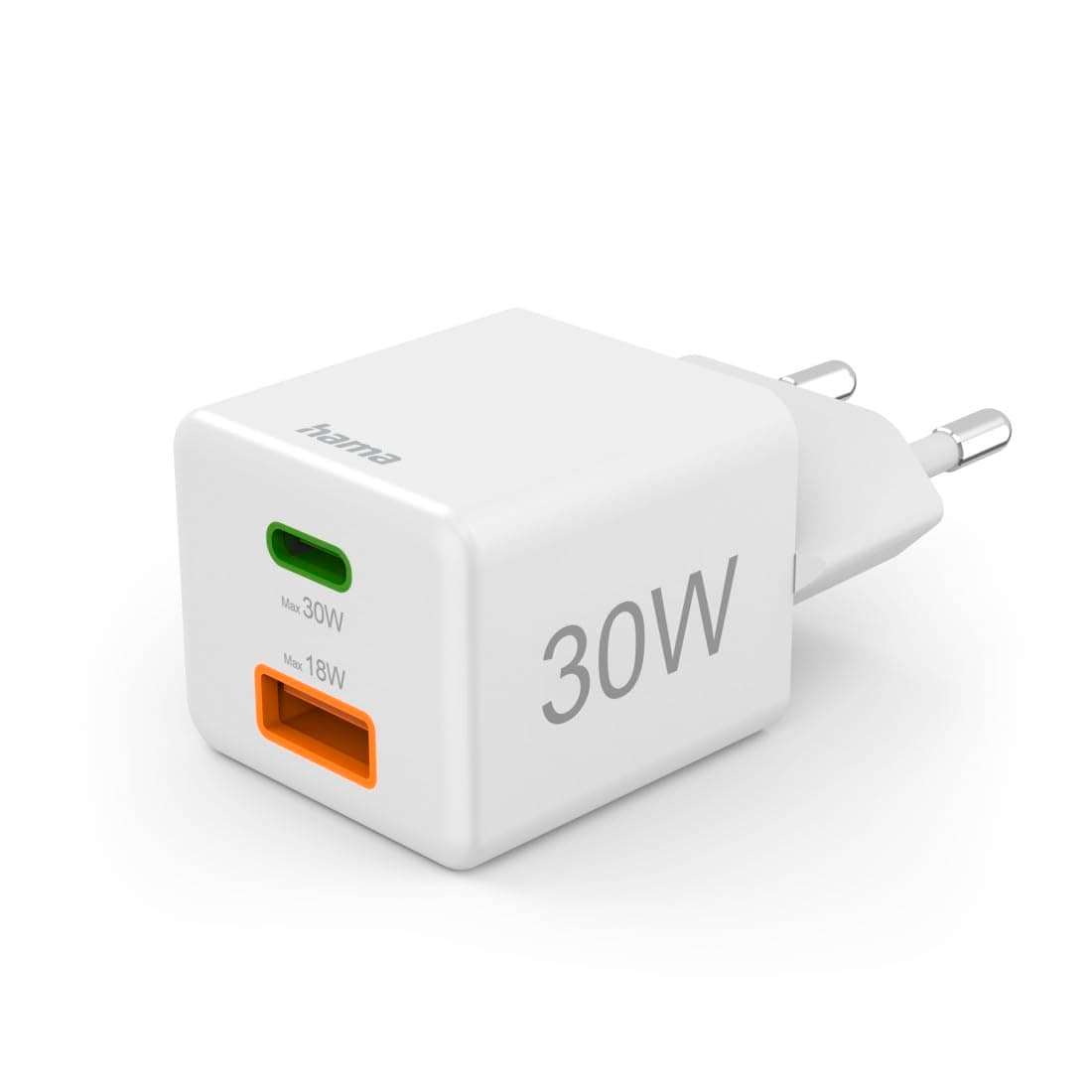 HAMA Бързо мини Gan зарядно, 30 W, 1x USB-C, 1x USB-A, PD, бял