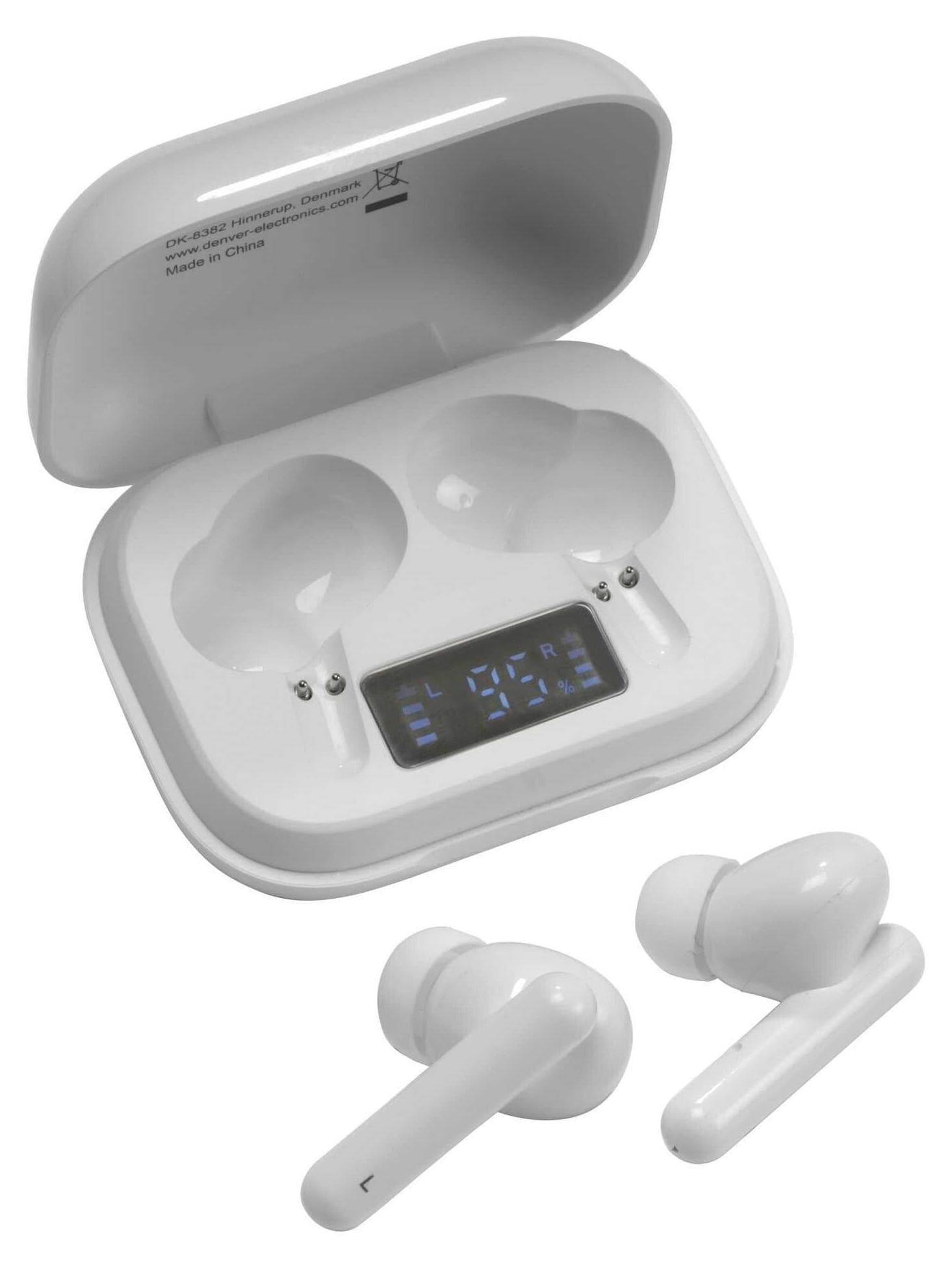 Слушалки Denver TWE-38, безжични, Bluetooth, микрофон, до 4 часа време на работа, бели