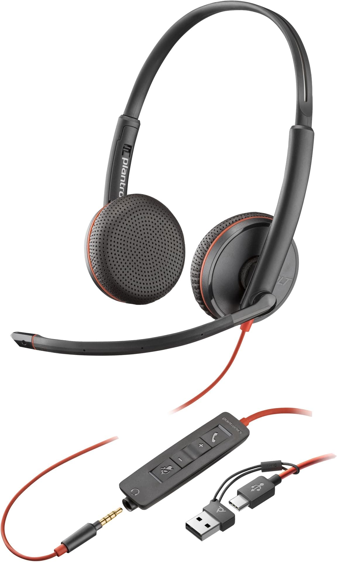 Слушалки HP Poly Blackwire 3225, USB-C, Jack 3.5mm, шумопотискащ микрофон, USB-C/A адаптер, черни, bulk