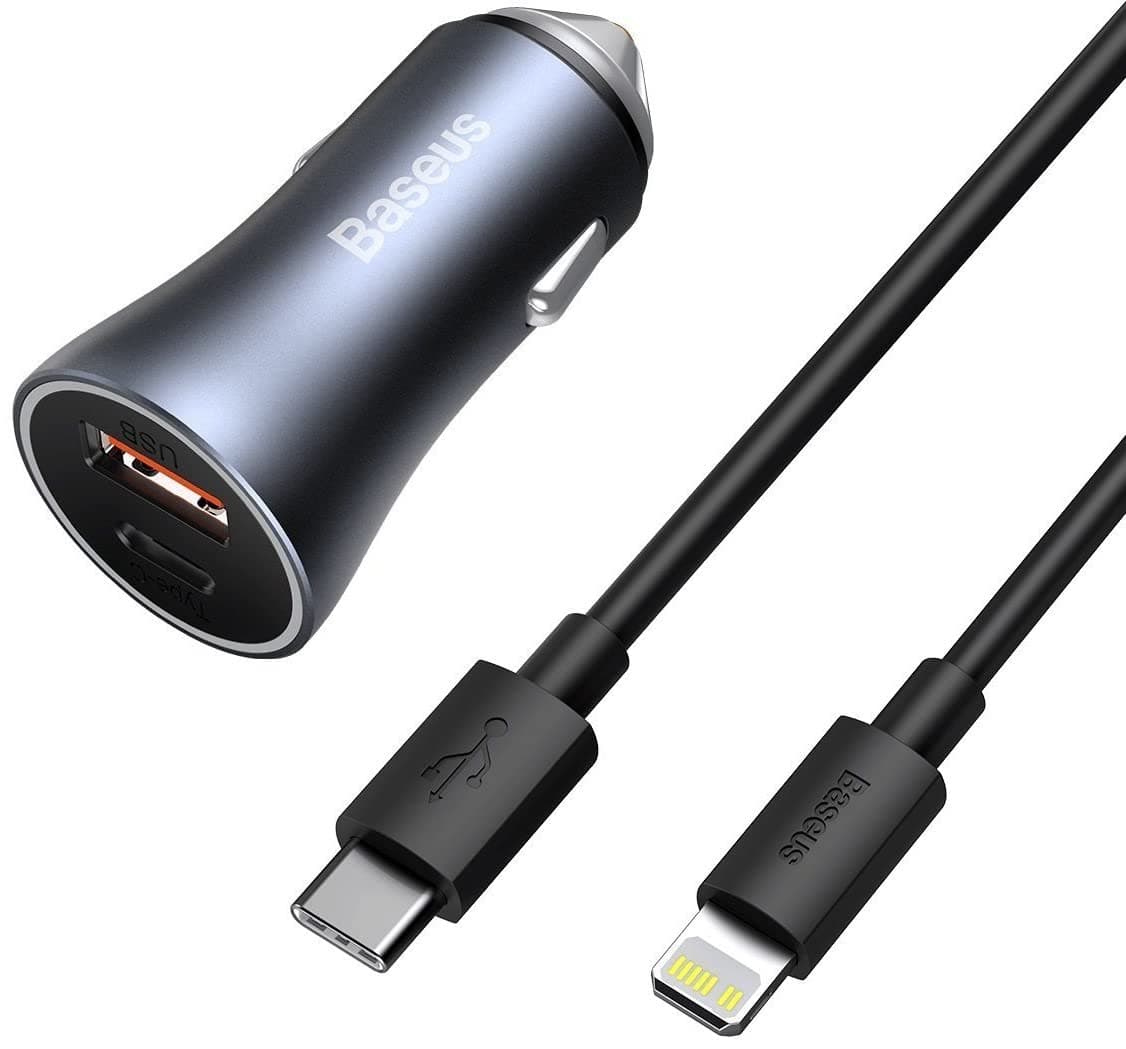 Зарядно за кола Baseus Golden Contactor Pro, от автомобилна запалка към USB C(ж)/USB A(ж), включен USB C(м) към Lightning(м) кабел, черно