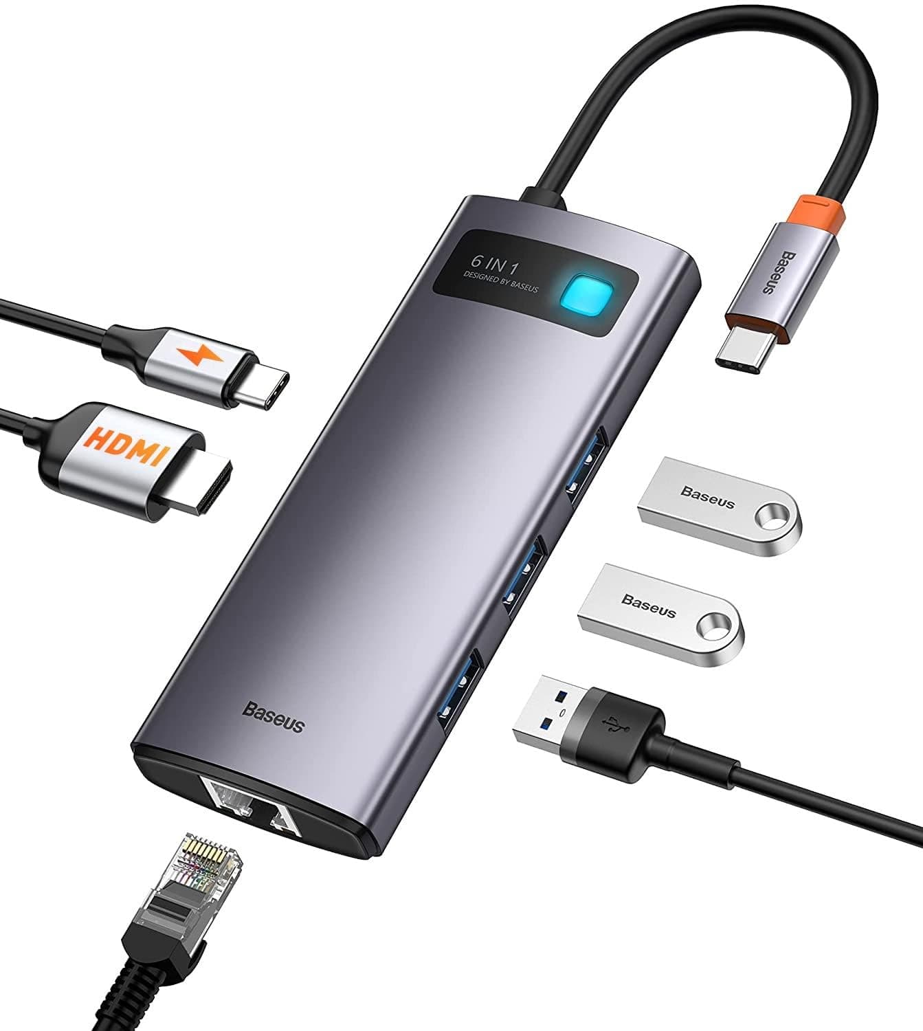 Докинг станция Baseus Metal Gleam Series 6-in-1, от 1x USB C към 1 x USB C (PD), 3x USB, 1x HDMI, 1x RJ45, сива