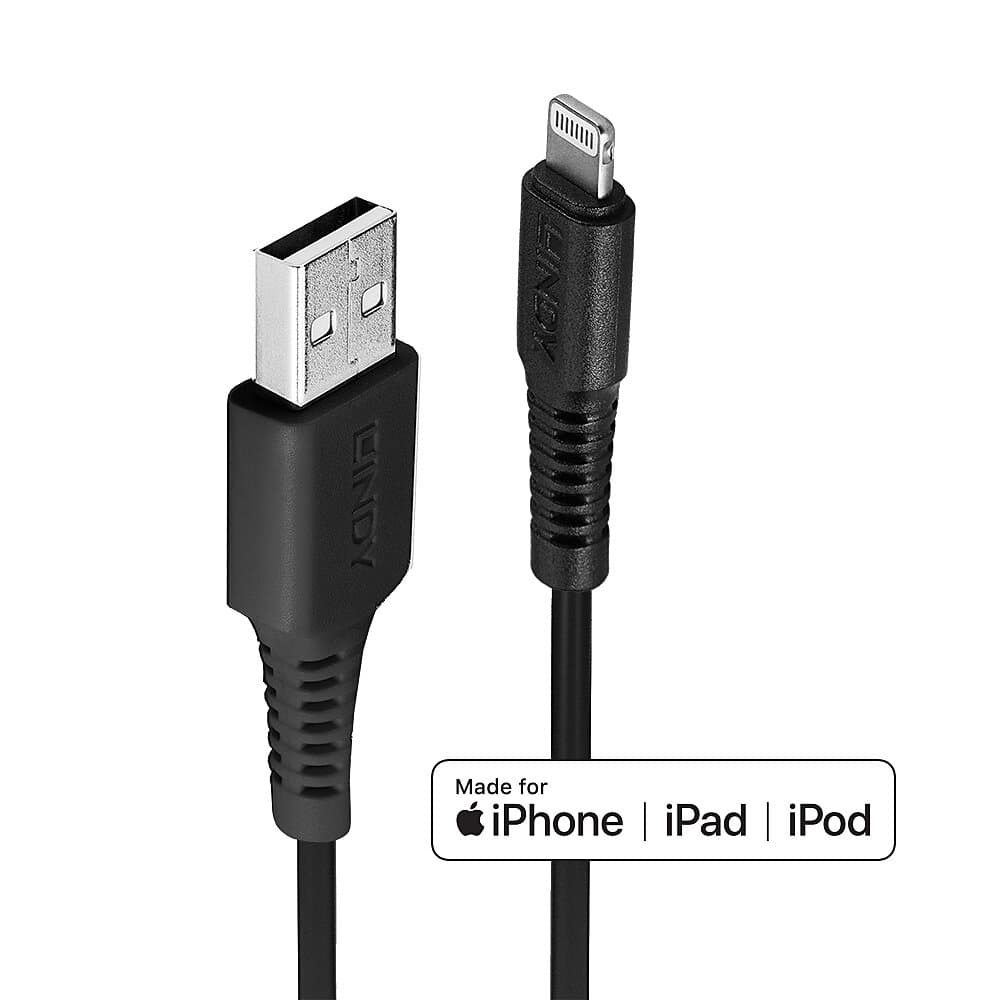Кабел Lindy 31319, от USB A(м) към Lightning(м), 0.5m, черен