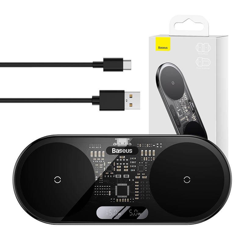 Безжично зарядно Baseus WXSX010101, от USB-C(ж) към 2x слота за безжично зареждане, 12V/2A, 20W, черно