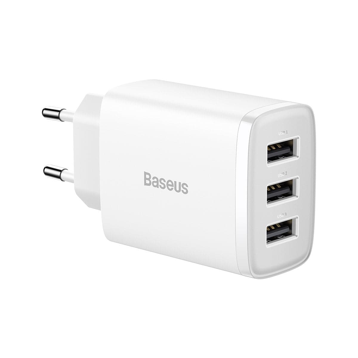 Зарядно устройство Baseus Compact (CCXJ020102), от контакт към 3x USB A(ж), бяло, 17W