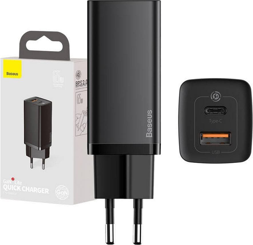 Зарядно устройство Baseus GaN 2 Lite (CCGAN2L-B01), от контакт към 1x USB(ж)/1x USB-C(ж), 20V/3.25A, черно, 65W