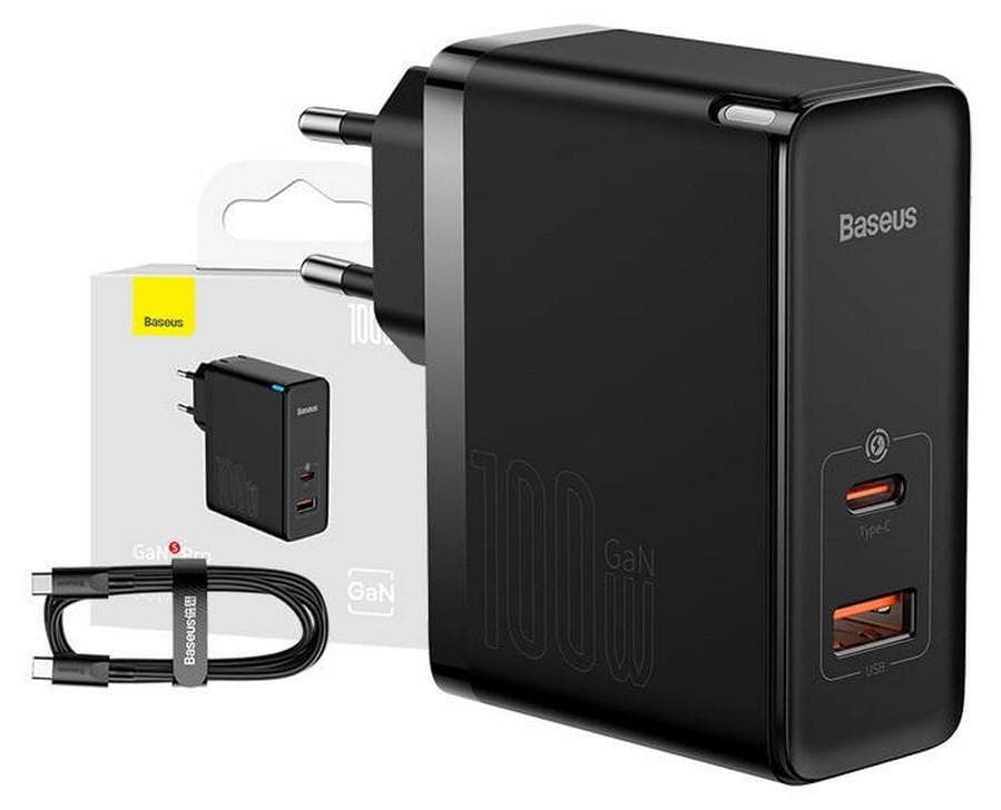 Зарядно устройство Baseus GaN 5 Pro Charger 100W, от контакт към 1x USB (ж)/1x USB-C (ж), 20V/5A, черно, PD 3.0, QC 4.0
