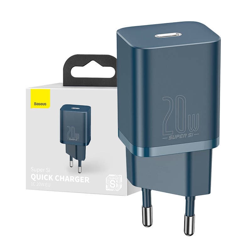 Зарядно устройство Baseus Super Si (CCSUP-B03), от контакт към USB C(ж), син, 20W