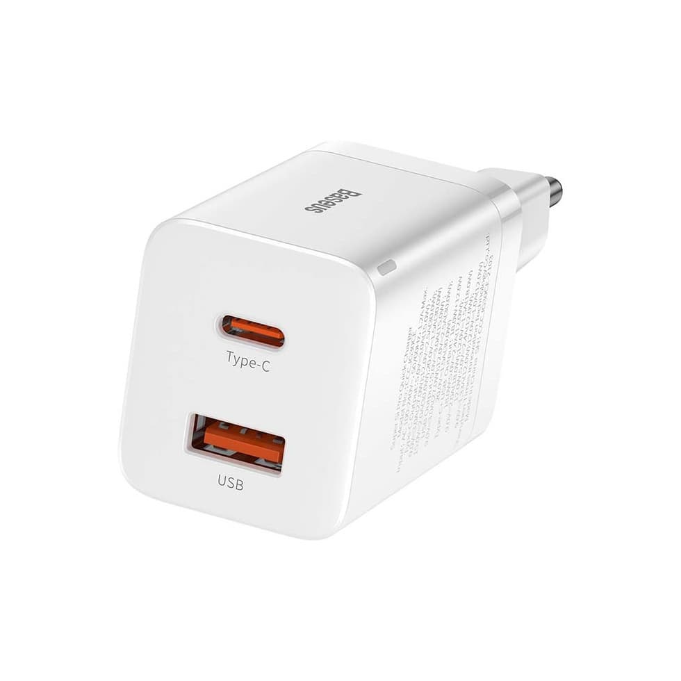 Зарядно устройство Baseus Super Si Pro (CCSUPP-E02), от контакт към USB A(ж)/USB C(ж), 12V/2.5A, бяло, 30W