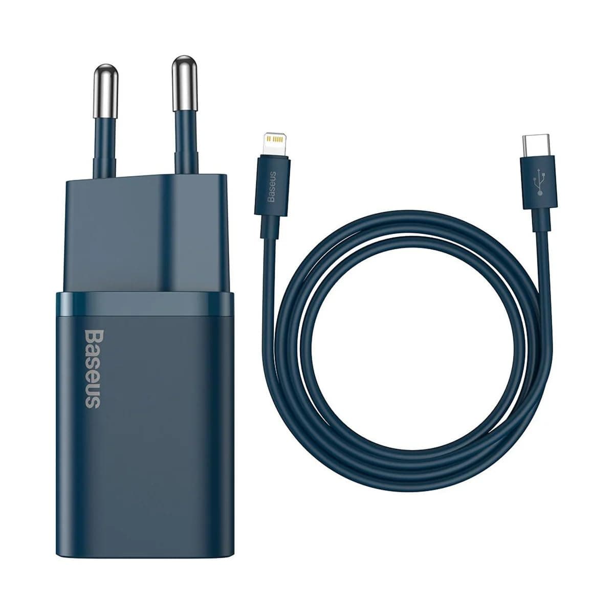 Зарядно Baseus Super Si (TZCCSUP-B03), от контакт към USB-C(ж), вкл. кабел от USB-C(м) към Lightning(м), 5V, 3A, Син, 20W PD, 1m кабел