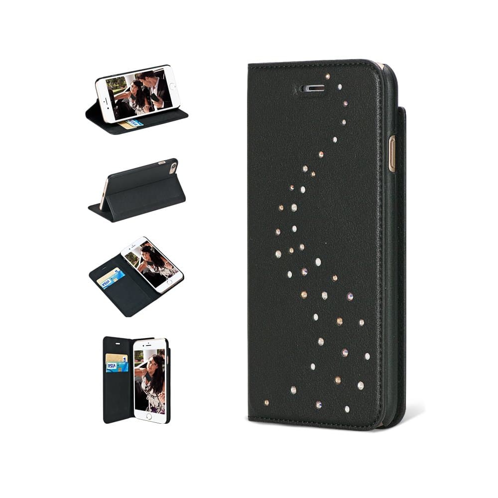 Кожен калъф, тип портфейл с кристали Сваровски за iPhone 8, iPhone 7 - Bling My Thing Primo Milky Way Angel Tears (черен)