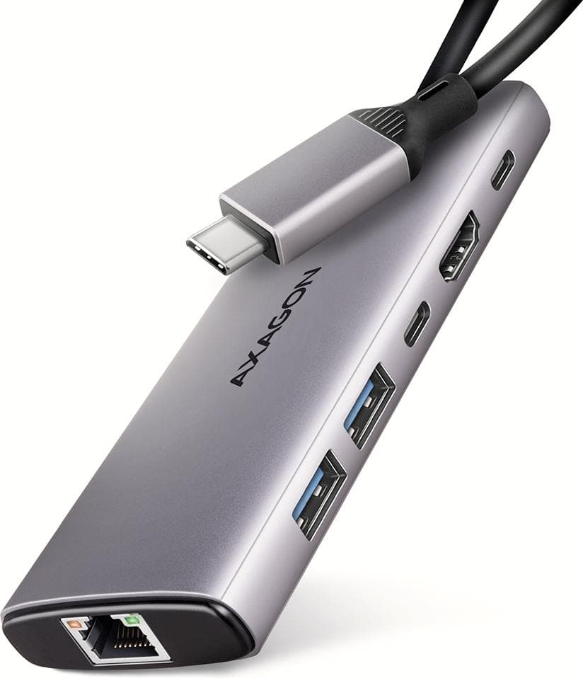 Докинг станция Axagon HMC-6G2L, от USB-C към 1x USB-C(PD), 1x USB-C, 2x USB-A, 1x HDMI, 1x RJ45, сива