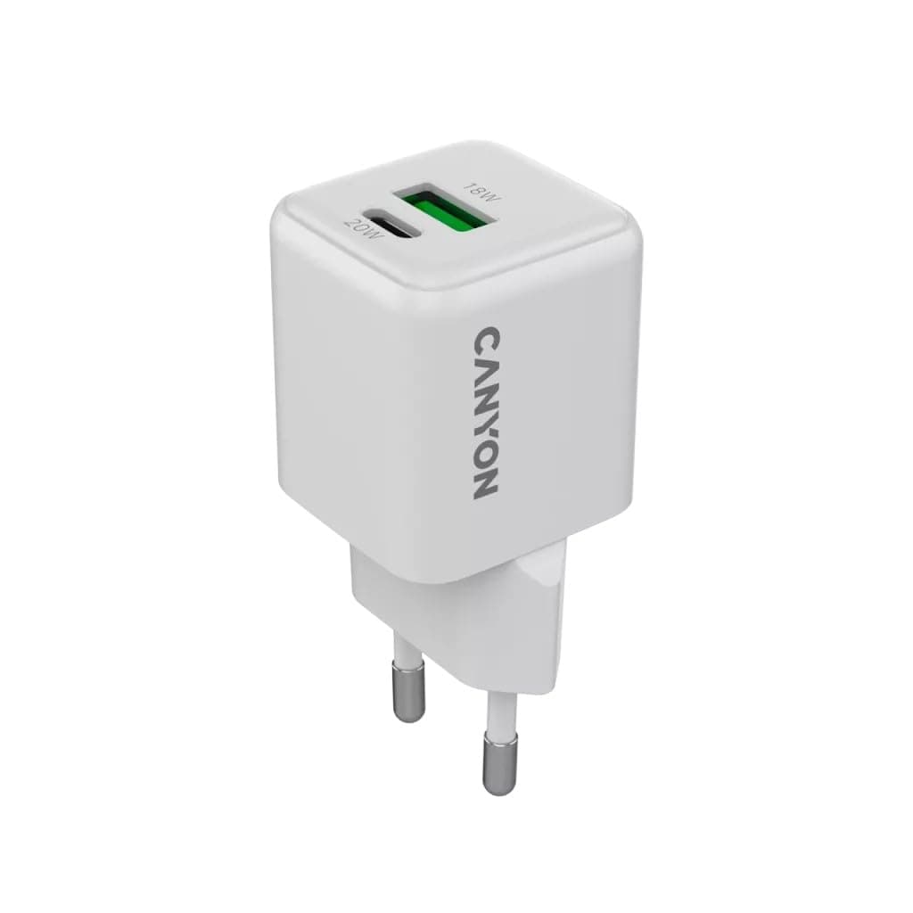 Зарядно устройство Canyon CU20AC, от контакт към 1x USB-C(ж), 1x USB-A(ж), 12V/3A, бяло, 20W