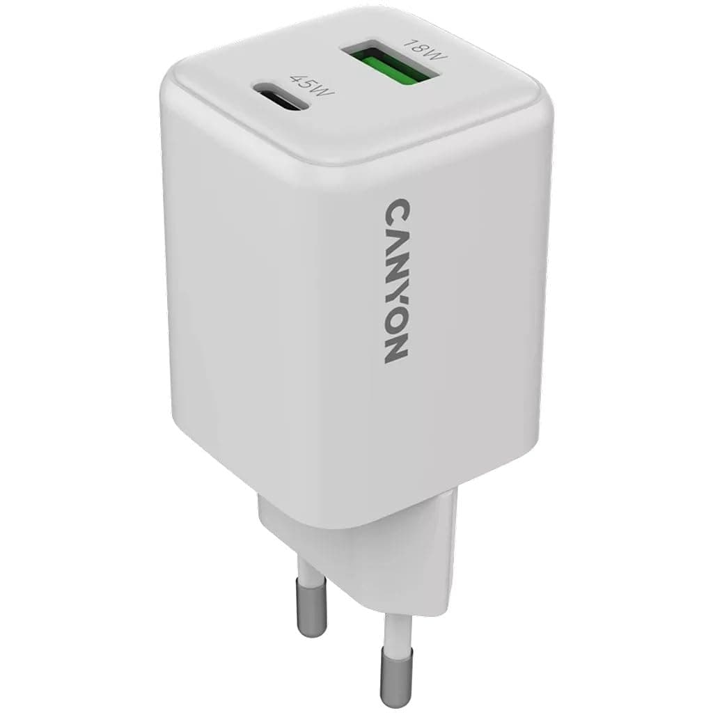 Зарядно устройство Canyon CU45AC, от контакт към 1x USB-C(ж), 1x USB-A(ж), 20V/3A, бяло, 45W
