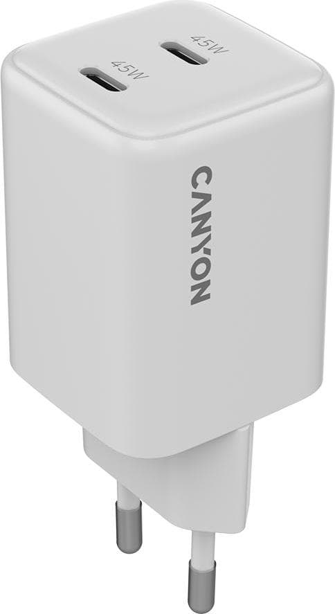 Зарядно устройство Canyon CU45CC, от контакт към 2x USB-C(ж), 20V/3A, бяло, 45W