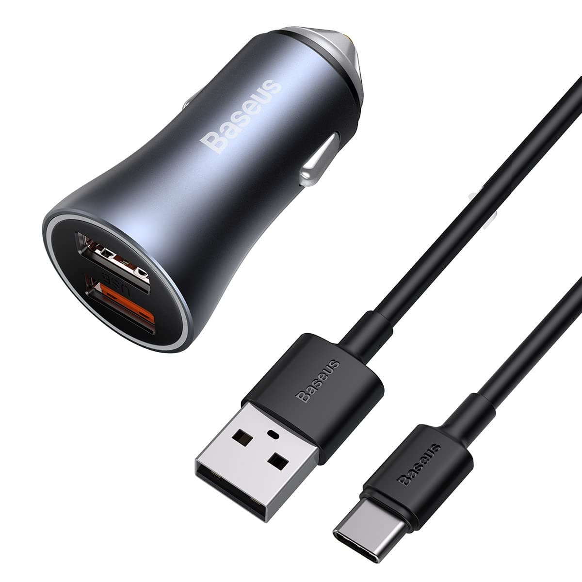 Зарядно устройство с USB C кабел Baseus TZCCJD-A0G, от автомобилна запалка към 2x USB A(ж), 5V/3A ; 9V/2A ; 10V/2A ; 12V/1.5A, сиво, 40W