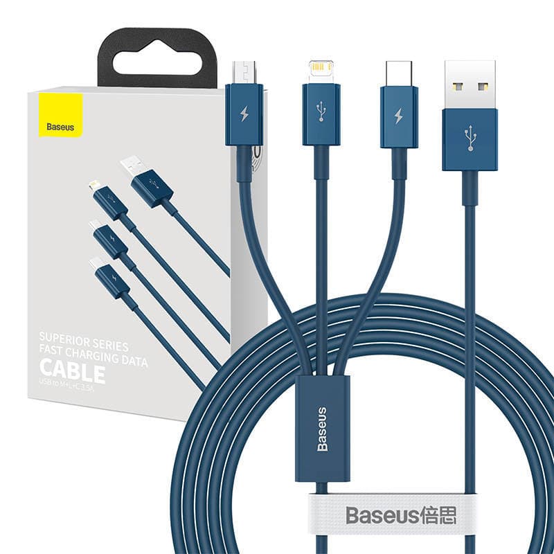 Кабел Baseus Superior 3-in-1 (CAMLTYS-03), от USB A(м) към USB C(м)/Micro USB(м)/Lightning(м), 1.5m, син