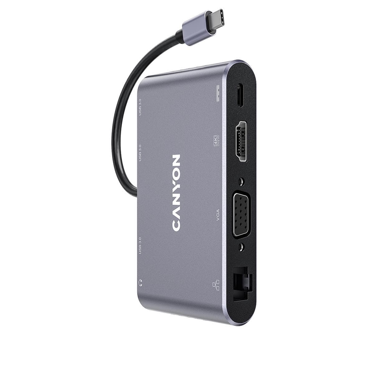 Докинг станция Canyon CNS-TDS14, интерфейс USB-C към 1x HDMI, 1x VGA (D-SUB), 1x USB-C PD, 3x USB 3.0, RJ45 (1Gbps), 3.5mm audio jack, тъмно сив