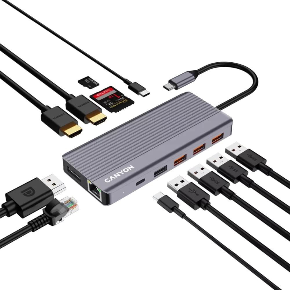 Докинг станция Canyon DS-16, от USB-C към 2x USB-C, 4x USB-A, 2x HDMI, 1x DisplayPort, 1x Jack 3.5mm, 1x RJ45, 1x SD четец, 1x MicroSD четец, сребриста