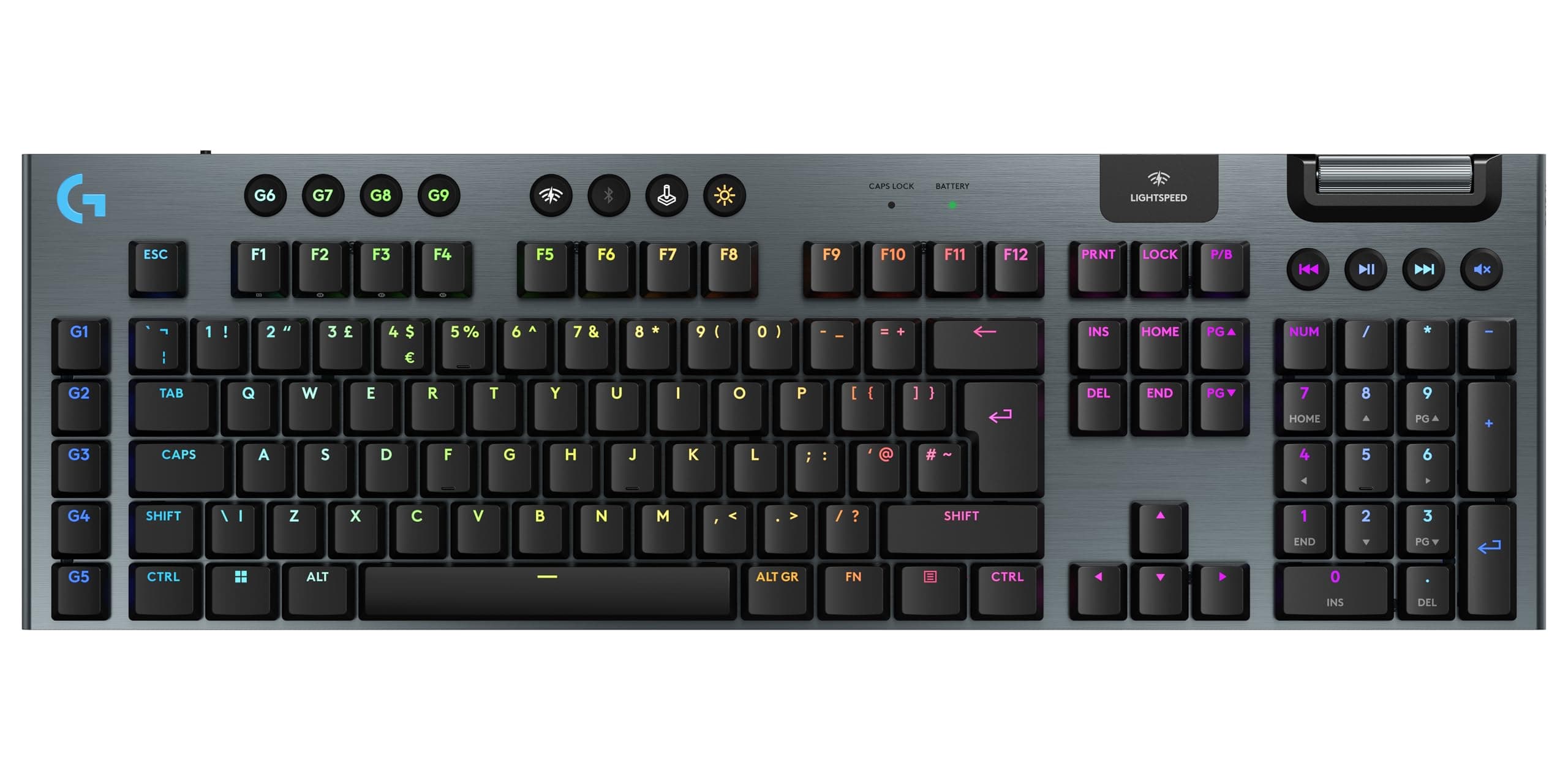 Клавиатура Logitech G915 X Lightspeed TKL Clicky (920-012757), жична/безжична, механична, гейминг, RGB подсветка, US подредба, черна, USB, Bluetooth