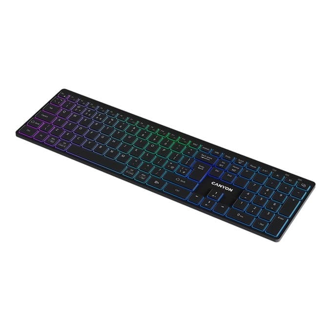 Клавиатура Canyon HKB-W11, безжична, гейминг, мултимедийни бутони, RGB подсветка, черна, USB, Bluetooth