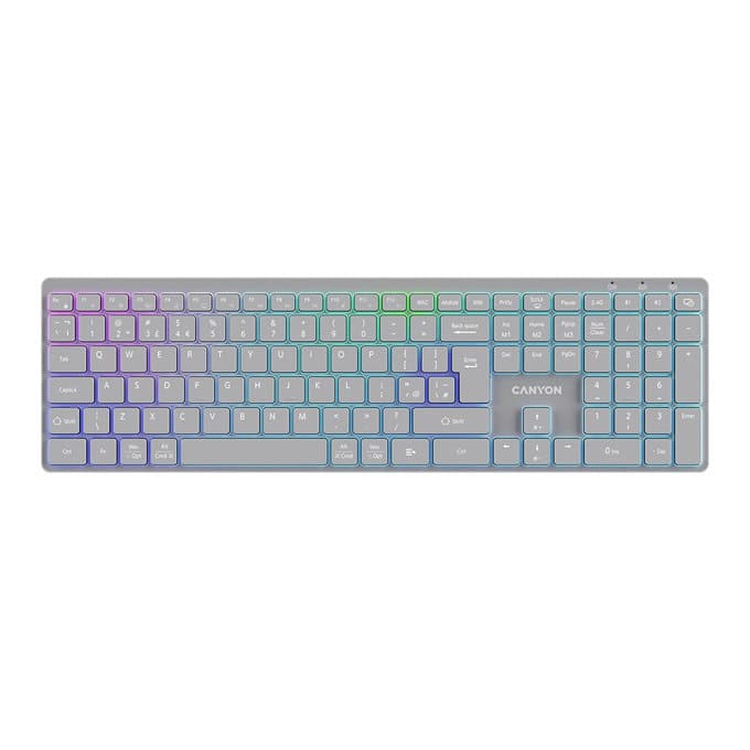 Клавиатура Canyon HKB-W11, безжична, гейминг, мултимедийни бутони, RGB подсветка, сива, USB, Bluetooth