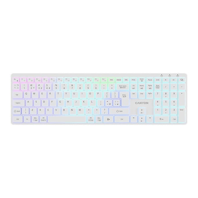 Клавиатура Canyon HKB-W11, безжична, гейминг, мултимедийни бутони, RGB подсветка, бяла, USB, Bluetooth