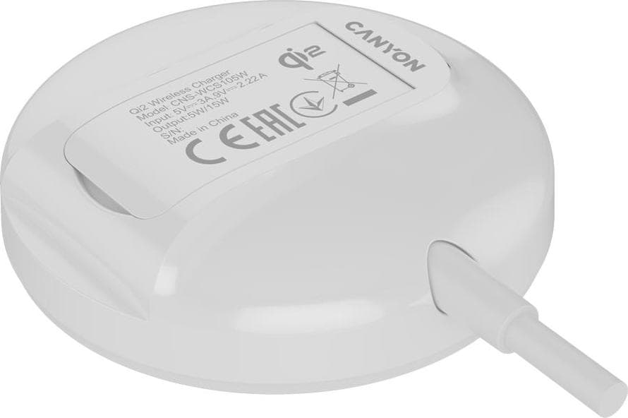 Безжично зарядно Canyon OnCharge 105, от USB-C(м) към безжично зареждане, 9V/3A, бяло, 15W