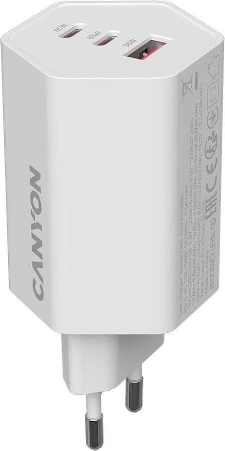 Зарядно устройство Canyon Hexagon 65, от контакт към 2x USB C(ж), 1x USB A(ж), 20V/3.25A, бяло, 65W