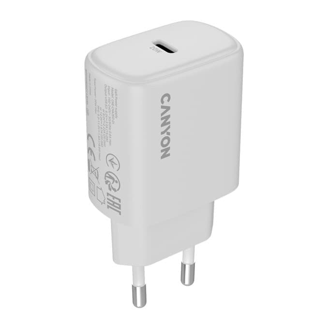 Зарядно устройство Canyon OnCharge 200, от контакт към 1x USB-C(ж), 12V, бяло, 20W