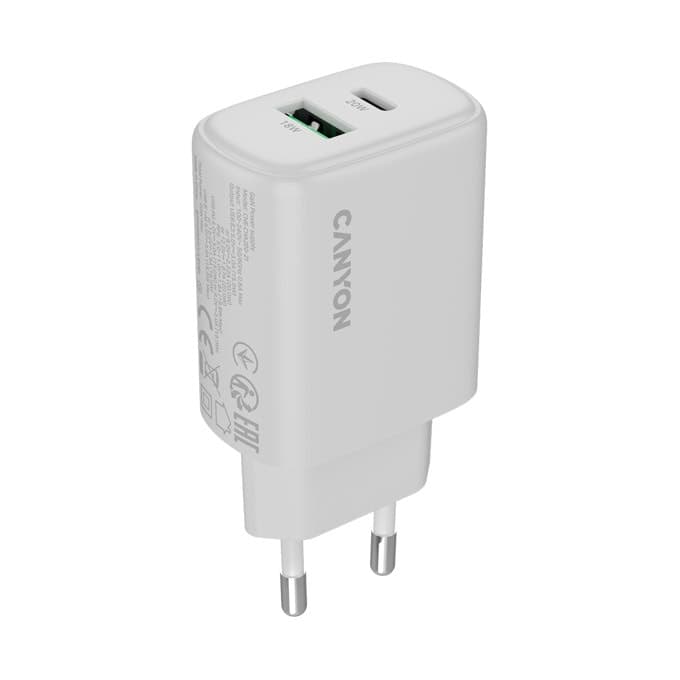 Зарядно устройство Canyon OnCharge 200, от контакт към 1x USB-C(ж), 1x USB-A(ж), 12V, бяло, 20W, QC 3.0